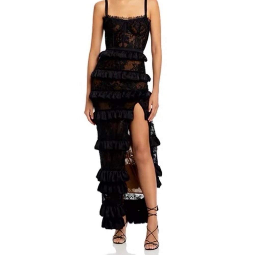 V. Chapman Black Lace Ruffle Maxi Dress with High Slit
